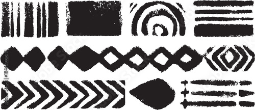 Black pattern design with various shapes and strokes. Simple vector illustration showcasing unique graphics and clean textures in a modern style.