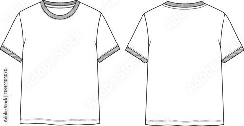 Technical Fashion CAD Drawing of a Plain Crewneck Ringer T-Shirt Front and Back View Flat Vector Illustration for Apparel Design Development, Blank Template