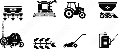 Tractor, Combine Harvester, Seeder, Cultivator, Sprayer, Plow, and Lawnmower Farm Equipment Symbols, Flat Illustration.
