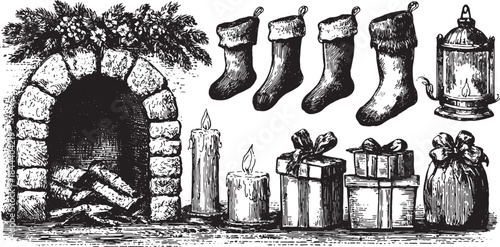 Christmas fireplace scene featuring stockings, candles, and gifts in a cozy setting. Vintage vector illustration set with charming elements.