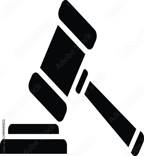 A simple black and white illustration of a gavel and sounding block