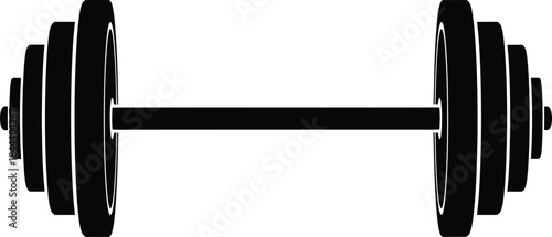 A black and white illustration of a standard barbell with stacked weight plates