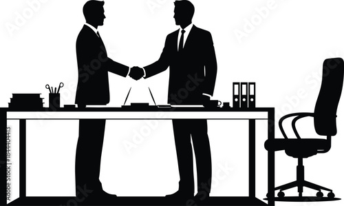 Two Men in Suits Shaking Hands Over Office Desk for Partnership, Agreement, Deal, and Success Concepts, Flat Illustration