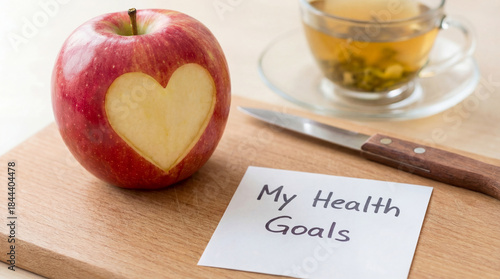Health goals and wellness planning concept with fresh red apple carved heart shape green tea and handwritten note for healthy lifestyle nutrition resolutions