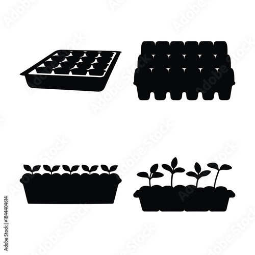 Gardening essential tools: seed trays, pots, and seedlings