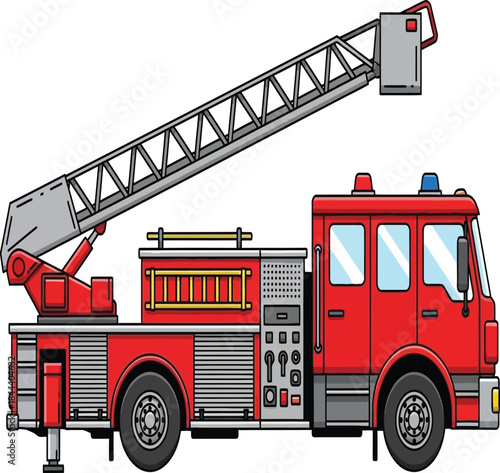 Detailed illustration of a red fire truck with an extended ladder