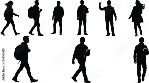 Young People Walking, Standing, Holding Books, and Carrying Backpacks, Flat Vector Education Icons