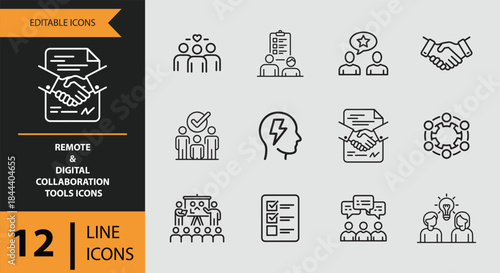 12 Remote and Digital Collaboration Tools Icons outline icon set. remote work teamwork cloud collaboration outline icons