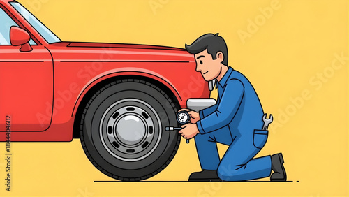 Diligent automotive technician performing a routine tire pressure check on a red vehicle, ensuring road safety and optimal performance
