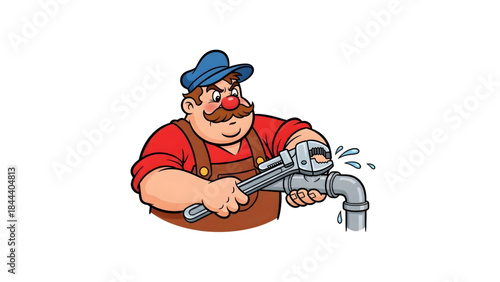 Vibrant cartoon illustration of a dedicated plumber mascot with a mustache, wearing a cap and overalls, fixing a splashing, leaky pipe with a large wrench, 