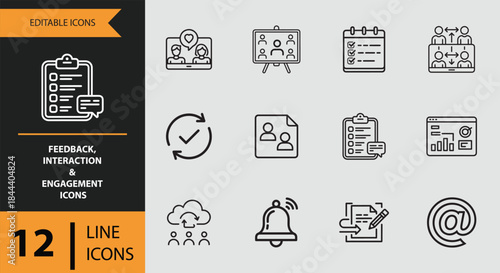 12 Feedback Interaction and Engagement Icons outline icon set. user feedback reviews reactions engagement outline icons