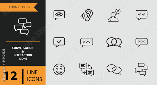 12 Conversation and Interaction Icons outline icon set. chat messaging dialogue user communication outline icons
