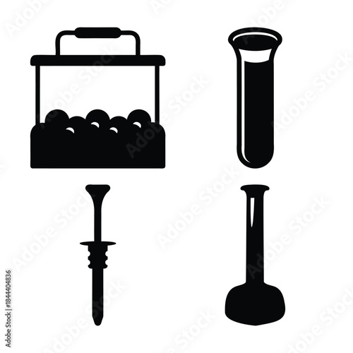 Collection of icons: lab ware, golf tee, and a carrier