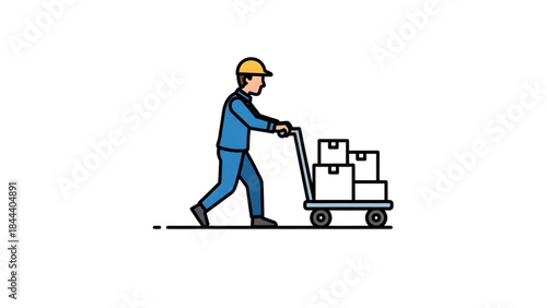 Delivery Person Pushing a Cart Filled with Boxes, Vector Illustration