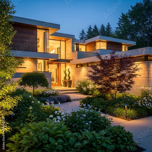 Modern Home Exterior at Dusk - Landscaped Garden and Architectural Design.