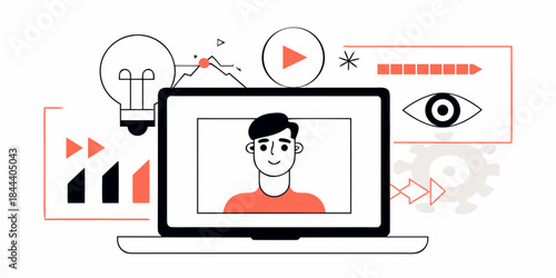 Digital learning and video content creation illustrated with a laptop and icons