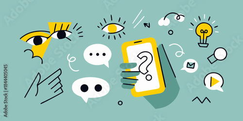 Abstract illustration featuring eyes a phone and various thought provoking symbols