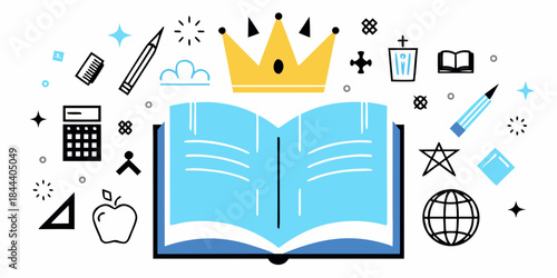 Education icons featuring an open book crown and various learning tools
