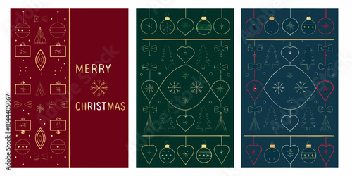 Festive christmas patterns with ornaments and holiday greetings on colored backgrounds