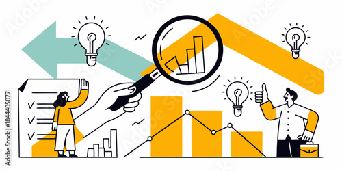Analyzing data and innovative ideas with graphs lightbulbs and research