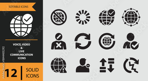 12 Voice Video and Live Communication Icons solid icon set. voice call video meeting live chat solid icons