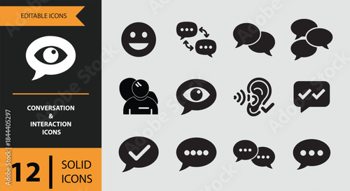 12 Conversation and Interaction Icons solid icon set. chat messaging dialogue user communication solid icons