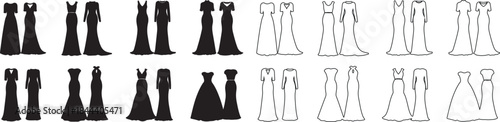 Collection of various black dress silhouettes and white line art outlines. Fashion vector illustration. isolated PNG with Transparent Background