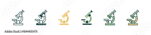 Colorful set of microscope icons in various styles for scientific research and laboratory analysis