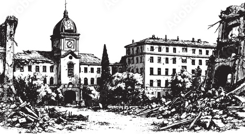 Ruined buildings in a cityscape. Detailed black and white vector illustration of architecture and trees, with debris creating a haunting atmosphere.