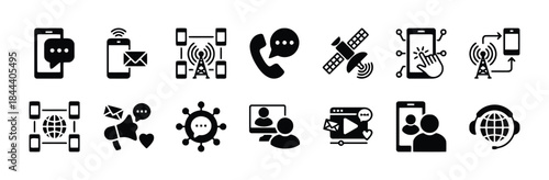 Connectivity and communication icons set representing diverse networking methods for global information sharing and social interaction