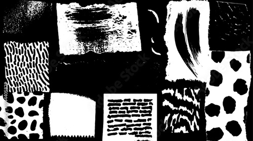 Collection of black and white patterns, featuring various textures and designs. This modern vector illustration presents abstract styles in a flat set.