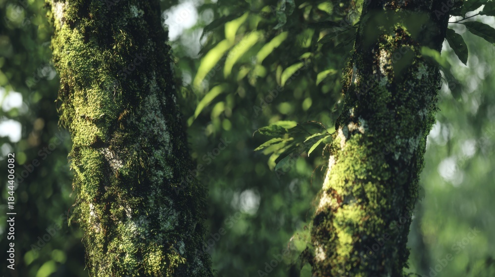 Fototapeta premium Lush Green Tree Trunk with Vibrant Moss and Foliage, Capturing the Essence of a Tranquil Forest Scene in Nature