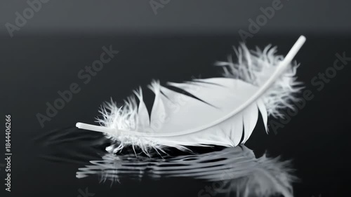 A delicate white feather gently falling onto a calm water surface, creating subtle rippling effects, embodying peace and weightlessness concept