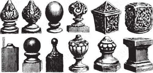 Ornamental bar ends set with intricate designs. Classic craftsmanship in vector illustration suitable for various applications.