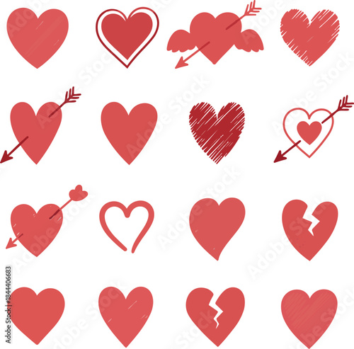 Colección de corazones dibujados a mano en estilo boceto rojo, con diferentes formas y texturas. Diseño romántico ideal para San Valentín, amor, tarjetas, invitaciones y proyectos creativos.