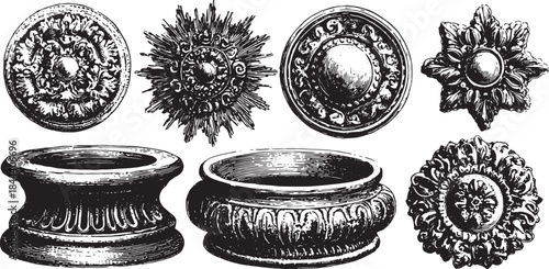 Decorative vector illustration set of classic design elements, including detailed pottery and ornate icons with textured surfaces.