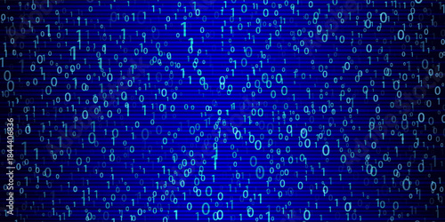 Blue Binary Data Software Programming Code Background. Random Parts of Program Code. Digital Data Technology Concept. 1 0 Machine Code. Random Binary Data Matrix Wide Vector Illustration.