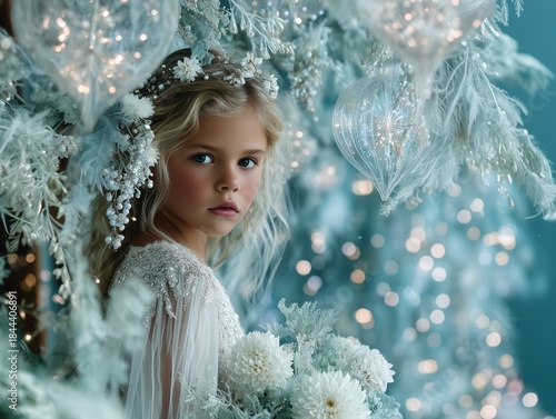 Young girl set against a backdrop of lush winter foliage, sparkling ornaments, and soft snowfall. Christmas and New Year festive concept with copy space.