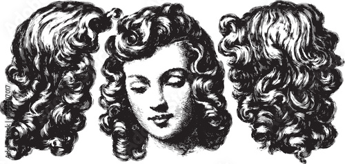 Stylized hair waves in black vector illustration. Curly design showing various hairstyles from a side view in a detailed set.