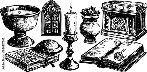 Set of decorative elements including a candle and vase. Classic black and white vector illustration for historical and spiritual themes.