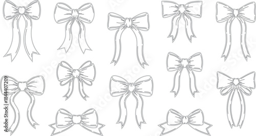 Vector illustration of a seamless pattern and collection of red and gold gift bows with ribbons for Christmas holiday decor and birthday celebration design elements