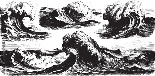 Vintage engraved waves in black and white. Set of detailed ocean vector illustrations showcasing movement and texture in a classic style.