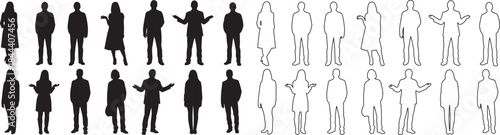 Collection of Diverse Standing People Vector Silhouettes and Outline Figures isolated PNG with Transparent Background