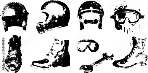 Protective gear set including helmets, masks, and boots. Black vector illustration of safety equipment for various industries.