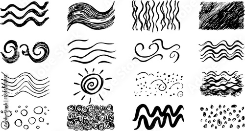 Black wavy lines in various styles create unique patterns. This set of abstract vector illustrations features simple and artistic designs.