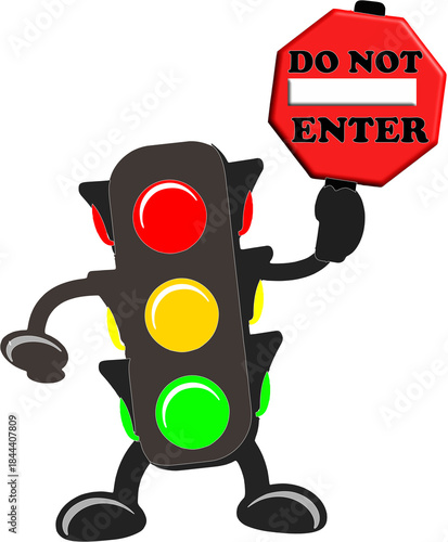 Red traffic light character holding stop sign isolated with real transparent background for branding