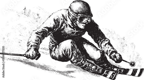 Silhouette of a skier descending a steep mountain slope. Traditional vector illustration highlighting dynamic outdoor sport action.