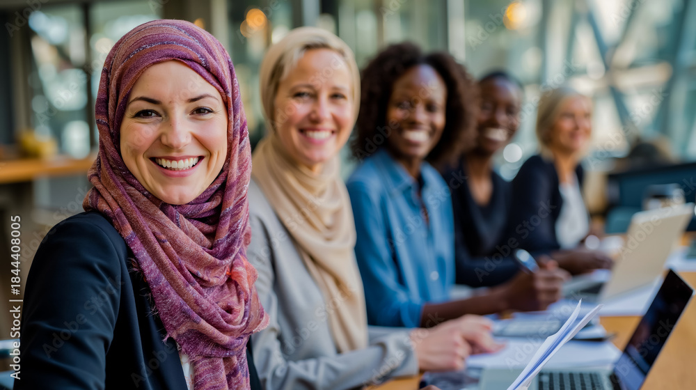 Obraz premium A group of women including one wearing a hijab are smiling and working on laptops in a modern office setting