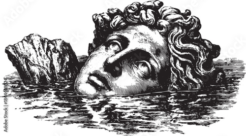 Vintage engraving of a head partially submerged in water with a rock. Detailed vector illustration showcasing texture and style.