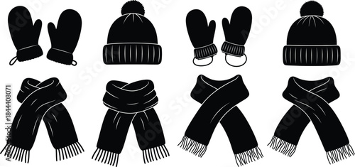 A collection of warm winter accessories including mittens, hats, and scarves in various styles